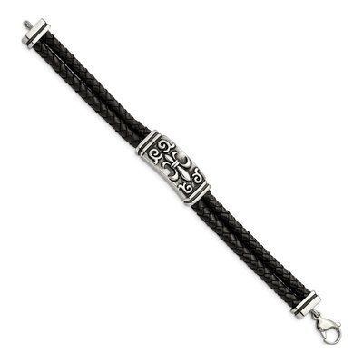 Stainless Steel Fleur de Lis Leather Bracelet – view 4