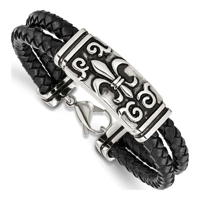 Stainless Steel Fleur de Lis Leather Bracelet