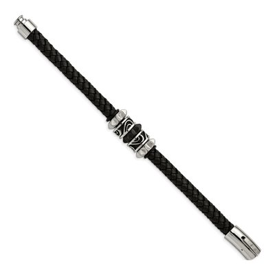Black Stainless Steel Black Leather Bracelet – view 4