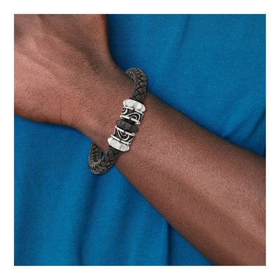 Black Stainless Steel Black Leather Bracelet – view 6
