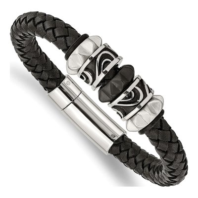 Black Stainless Steel Black Leather Bracelet