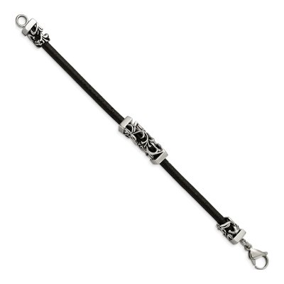 Stainless Steel Filigree Black Leather Bracelet – view 3