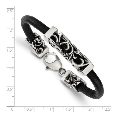 Stainless Steel Filigree Black Leather Bracelet – view 4