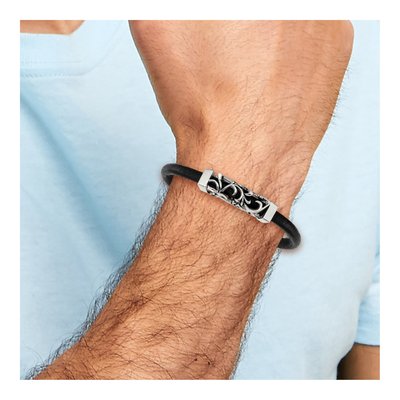 Stainless Steel Filigree Black Leather Bracelet – view 5