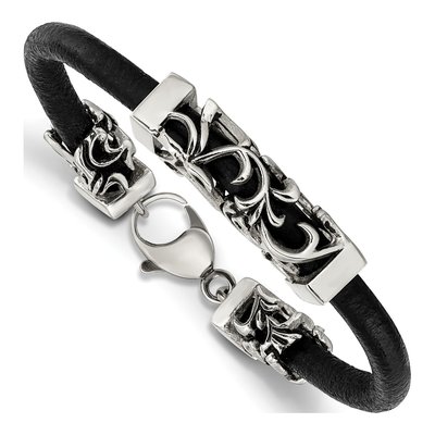 Stainless Steel Filigree Black Leather Bracelet