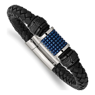 Black Stainless Steel Black Leather Rubber Bracelet