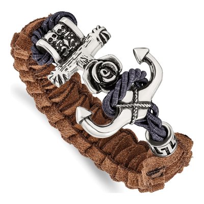 Stainless Steel Leather Anchor Skull Bracelet
