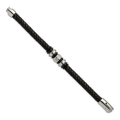 Black Stainless Steel Black Leather Braided Bracelet – view 4