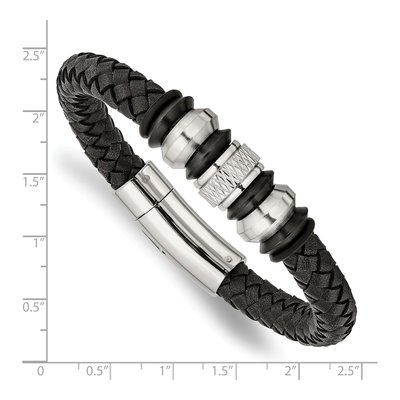 Black Stainless Steel Black Leather Braided Bracelet – view 5