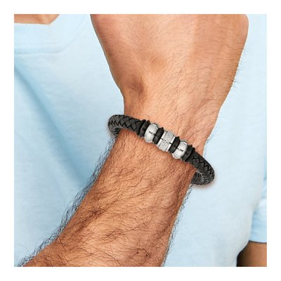 Black Stainless Steel Black Leather Braided Bracelet – view 6