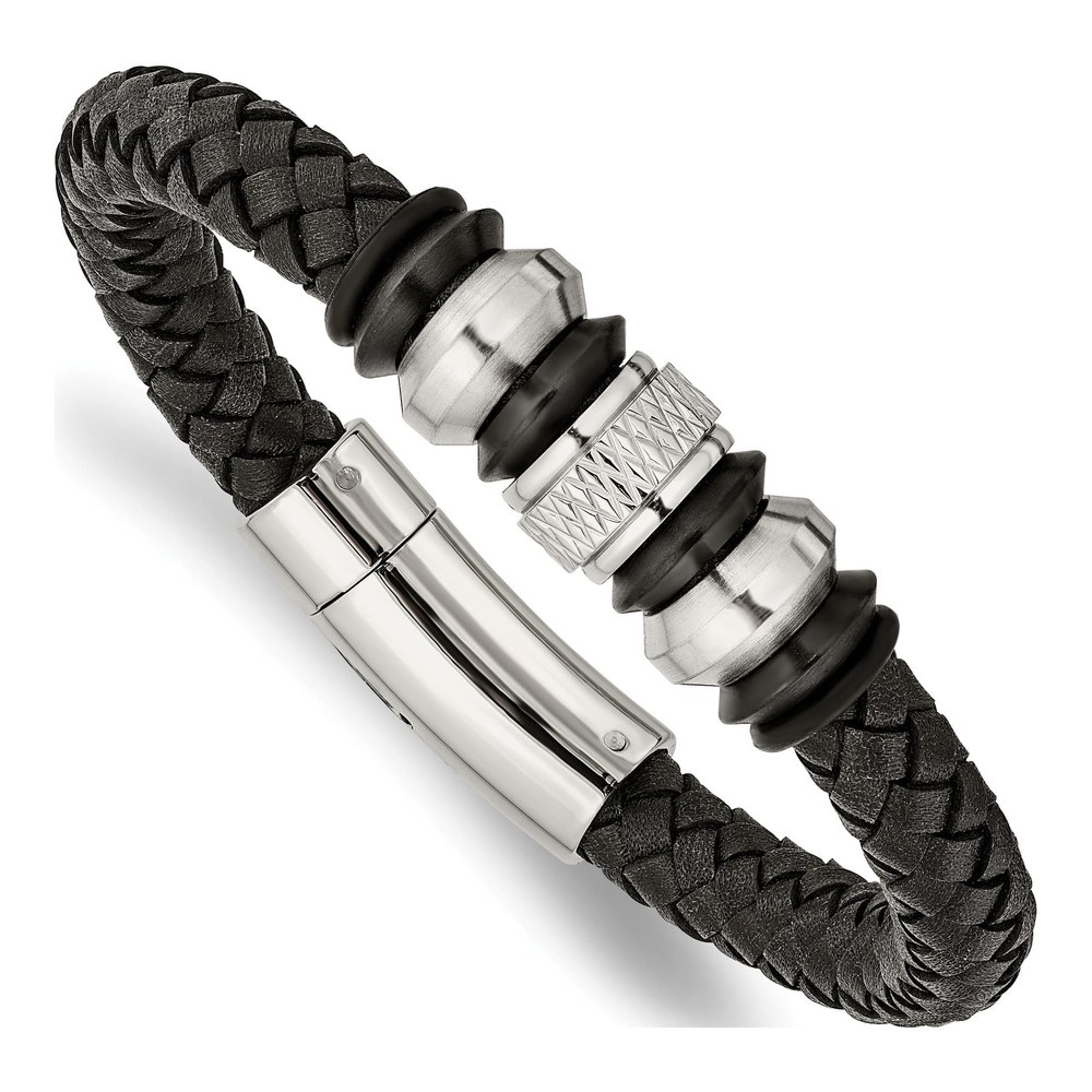 Black Stainless Steel Black Leather Braided Bracelet