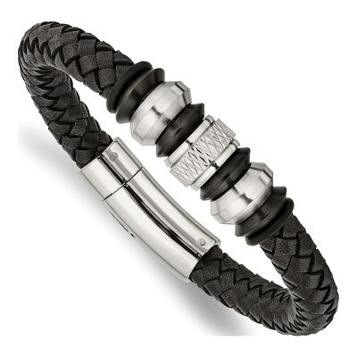 Black Stainless Steel Black Leather Braided Bracelet