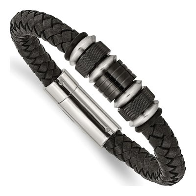Black Stainless Steel Black Leather Bracelet