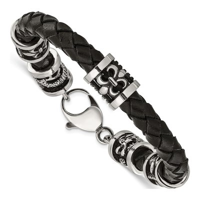 Stainless Steel Fleur de Lis Dragon Leather Bracelet