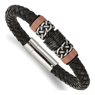 Black Stainless Steel Black Leather Bracelet
