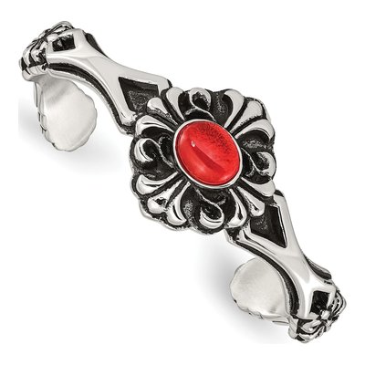 Stainless Steel Red Glass Flower Cuff Bracelet