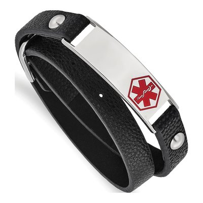 Stainless Steel Medical ID Leather Wrap Bracelet