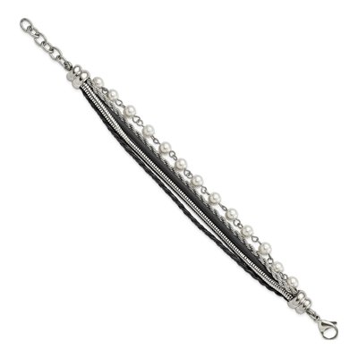Stainless Steel Leather Faux Pearl Bracelet – view 2
