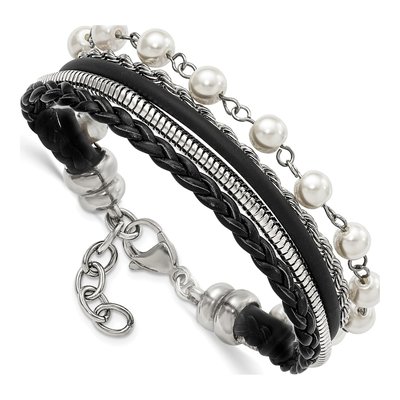 Stainless Steel Leather Faux Pearl Bracelet – view 3