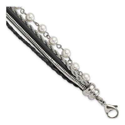 Stainless Steel Leather Faux Pearl Bracelet