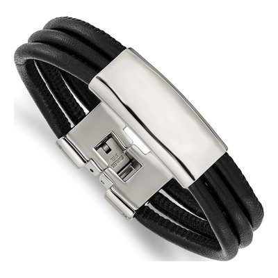 Stainless Steel Black Leather ID Bracelet
