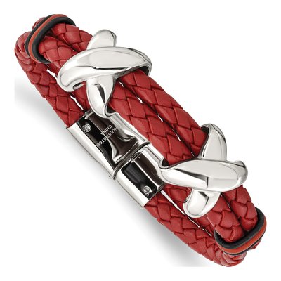 Stainless Steel Red Leather Rubber Bracelet