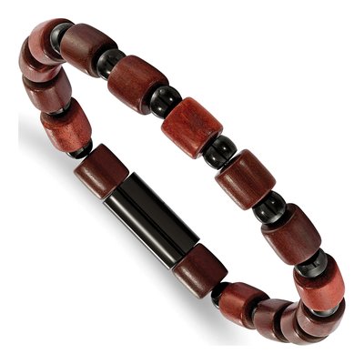 Black Stainless Steel Wood Stretch Bracelet