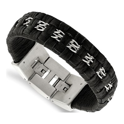 Stainless Steel Black Woven Leather Bracelet