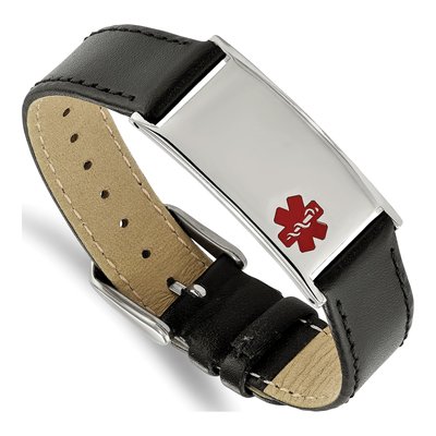 Stainless Steel Medical ID Leather Bracelet
