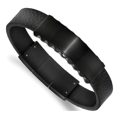 Black Stainless Steel Black Leather ID Bracelet