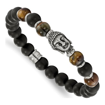 Stainless Steel Agate Buddha Beaded Stretch Bracelet