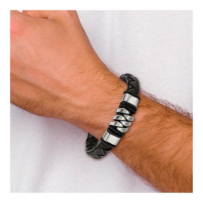 Stainless Steel Black Woven Leather Bracelet – view 3