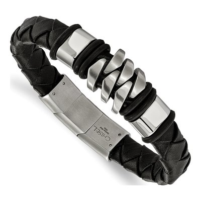 Stainless Steel Black Woven Leather Bracelet