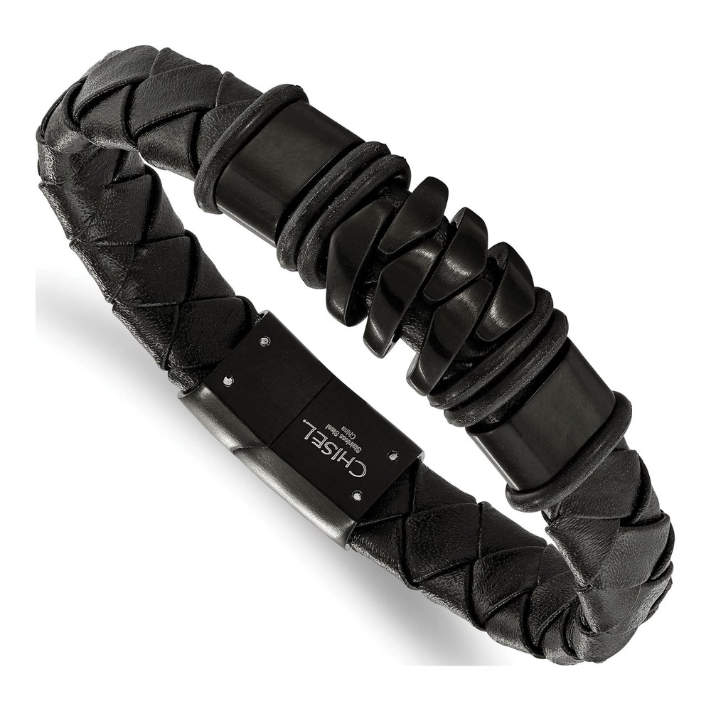 Chisel Stainless Steel Black Leather Bracelet 8.25"