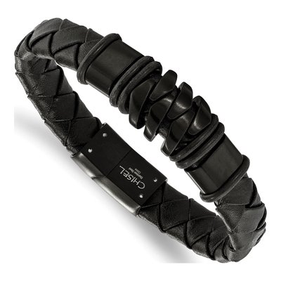 Black Stainless Steel Black Leather Bracelet