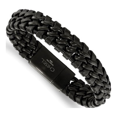 Black Stainless Steel Black Leather Bracelet