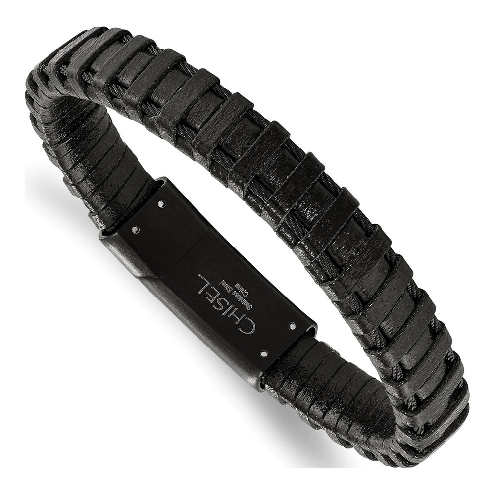 Black Stainless Steel Black Leather Bracelet