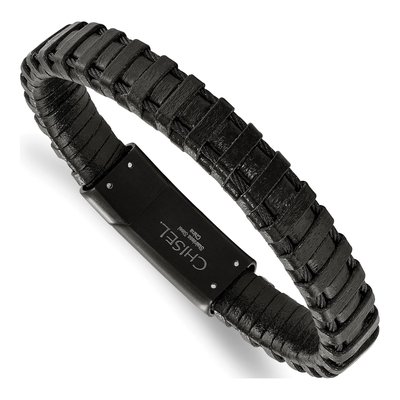 Black Stainless Steel Black Leather Bracelet