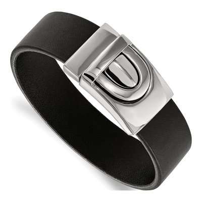 Stainless Steel Black Leather Bracelet