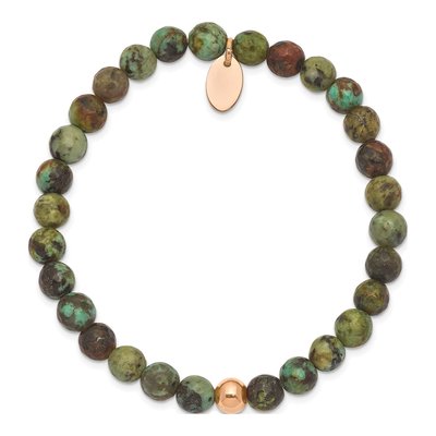 Stainless Steel Chisel Polished Rose Ip-Plated 6mm African Turquoise Beaded Stretch Bracelet – view 3