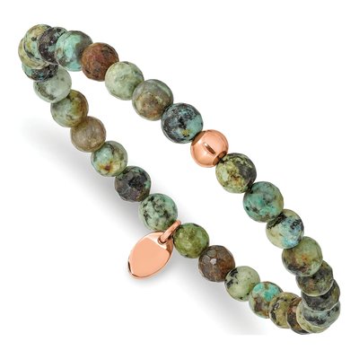 Stainless Steel Chisel Polished Rose Ip-Plated 6mm African Turquoise Beaded Stretch Bracelet