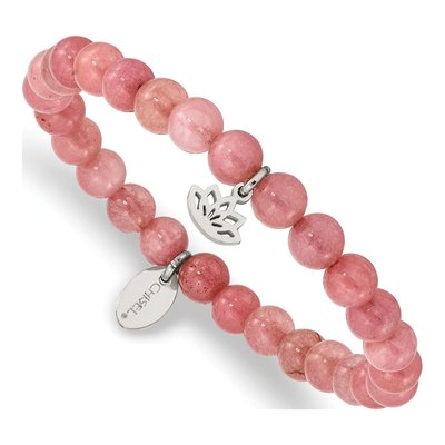 Stainless Steel Pink Jade Lotus Stretch Bracelet