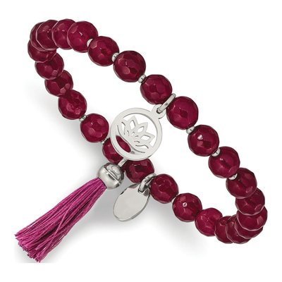 Stainless Steel Pink Jade Lotus Stretch Bracelet