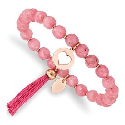 Stainless Steel Pink Jade Heart Tassel Bracelet