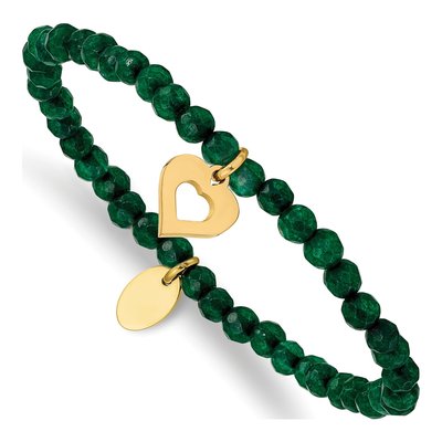 Stainless Steel Green Jade Heart Stretch Bracelet
