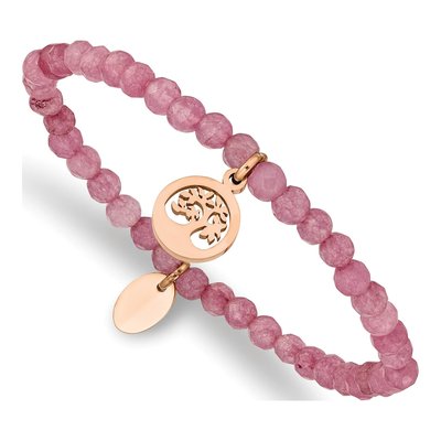 Stainless Steel Pink Jade Tree Stretch Bracelet