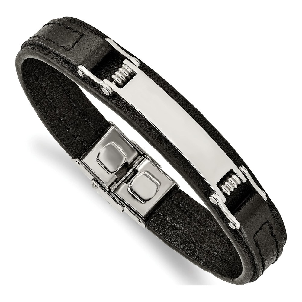 Stainless Steel Black Leather ID Bracelet