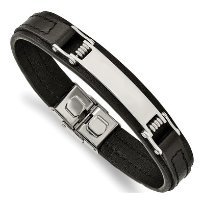Stainless Steel Black Leather ID Bracelet