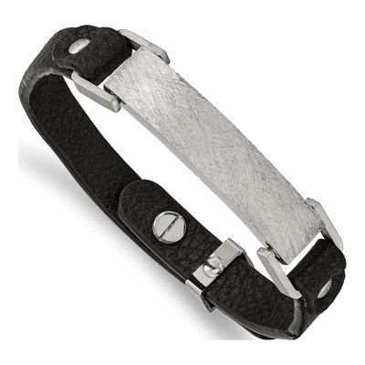 Stainless Steel Black Leather ID Bracelet