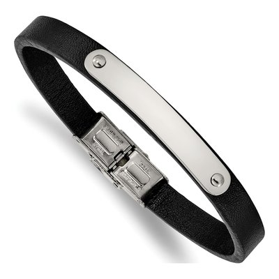 Stainless Steel Black Leather ID Bracelet